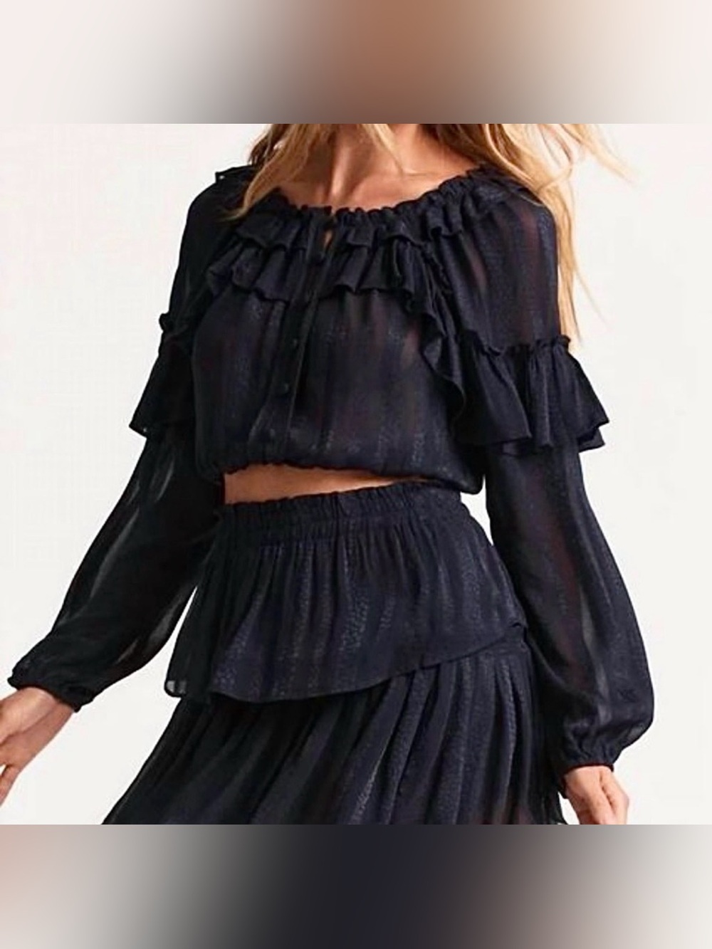 LoveShackFancy Popover Top Midnight Navy Ruffled Sheer Crop Blouse Off-shoulders